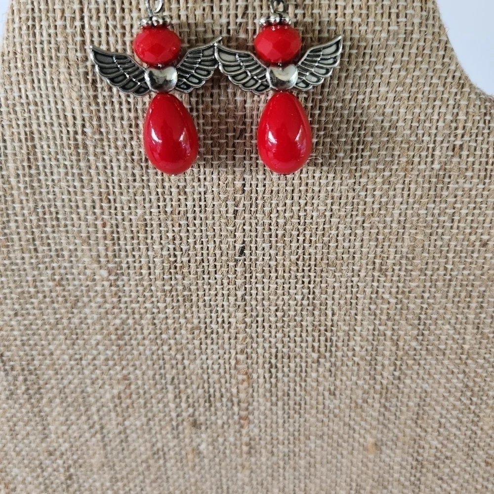 Hand Crafted Angel Earrings Red Silver Pierced Ears